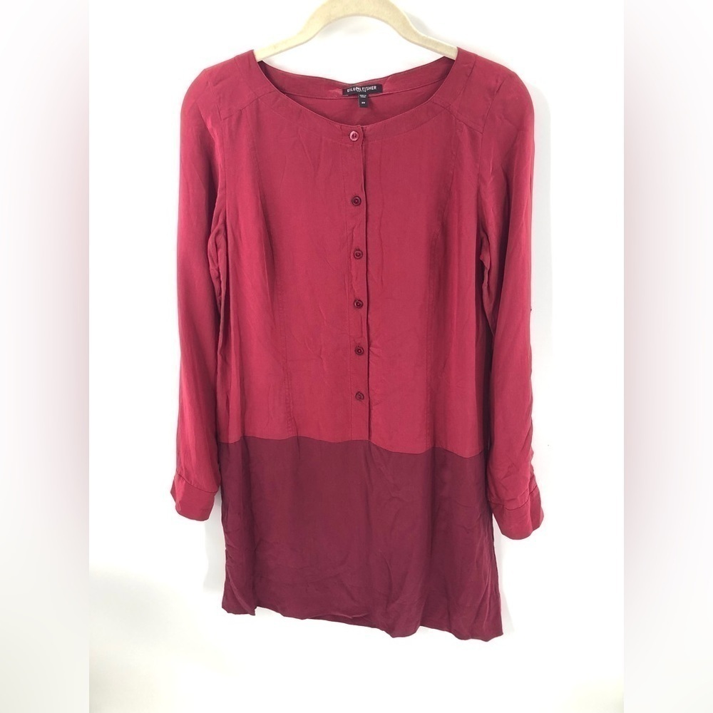 Eileen Fisher Silk Tunic Top Shirt Dress Womens PP 2 Petite Pockets Quiet Luxury
